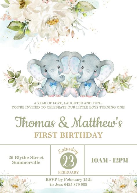 Greenery Elephant Twin Boys 1st Birthday Party Invitation Twin Boy And Girl Baby Shower, Twins Boy, Twins Baby Shower Invitations, Girl Birthday Party Invitations, Boho Baby Shower Invitations, 1st Birthday Party Invitations, Twins Baby, Woodland Baby Shower Invitations, Twins Baby Shower