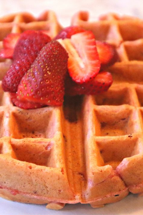 This strawberry waffles recipe relies on a quick stovetop strawberry jam for a concentrated, gooey, strawberry swirl of flavor. Strawberry Waffles Recipe, Eggo Waffle Recipe, Strawberry Sauce For Waffles, Strawberry Topping For Waffles, Bisquick Waffle Recipes, Bisquick Waffles, Strawberry Syrup For Pancakes, Strawberry Banana Waffles, Waffles And Strawberries