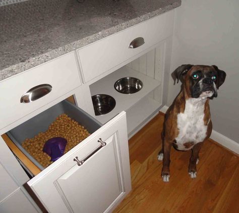 Kitchen Island Storage Ideas, Dog Food Storage Diy, Dog Station, Dog Food Station, Island Storage, Kitchen Island Storage, Pet Feeding Station, Dog Feeding Station, Dog Food Storage Containers