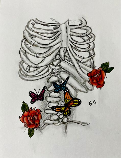 Stomach Drawing, Rib Cage Drawing, Guitar Art Project, Drawing Feelings, Minimalistic Tattoo Ideas, Minimalistic Tattoo, Butterfly Sketch, Art Papillon, Skeleton Drawings