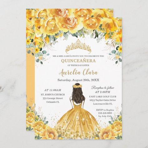 Chic Quinceañera Yellow Floral Princess Birthday Invitation Yellow Quince, Yellow Ball Gown, Invitations Quinceanera, Quinceañera Invitation, Quinceanera Invitation, Princess Birthday Invitations, Invitation Diy, Pretty Yellow, Invitations Diy