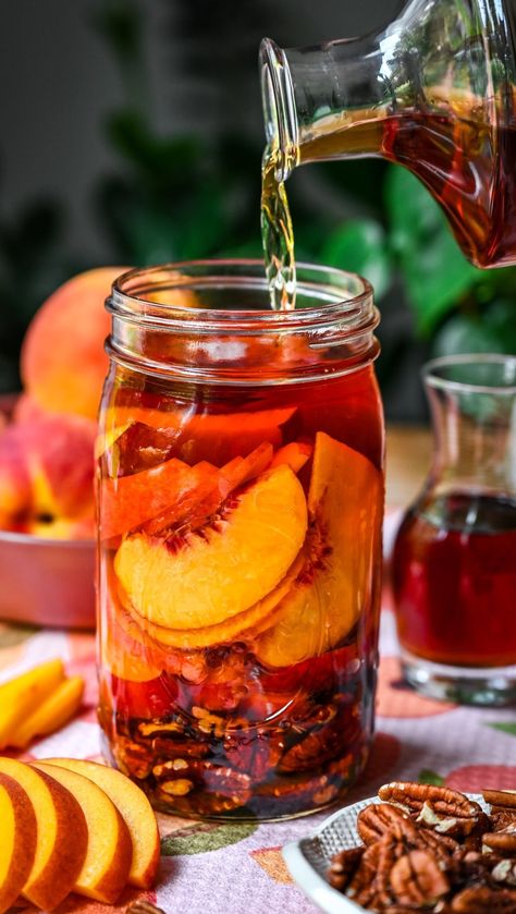 Lexi Harrison & Beth Sinclair | Peach Pecan Infused Bourbon 🍑🥃 We’ve been infusing different types of alcohol all summer long and to my surprise, this has been one of my a… | Instagram Peach Pecan Infused Bourbon, Peach Infused Bourbon, Infused Vodka Recipes Diy, Rum Watermelon, Different Types Of Alcohol, Peach Simple Syrup, Infused Alcohol Recipes, Homemade Booze, Infused Alcohol