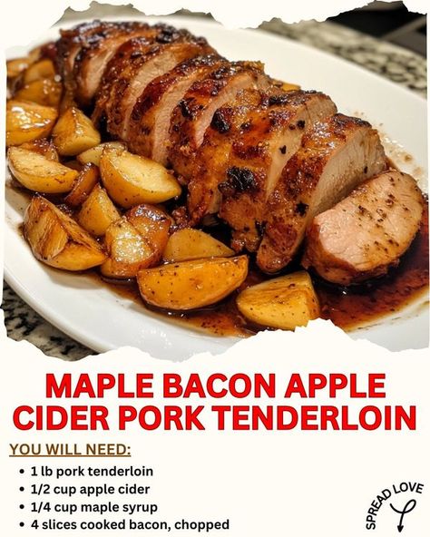 Crenn Recipes, Apple Cider Pork Tenderloin, Cider Pork Tenderloin, Apple Cider Pork, Pork Meals, Tenderloin Recipes, Maple Bacon, Pork Tenderloin Recipes, Dinner Entrees