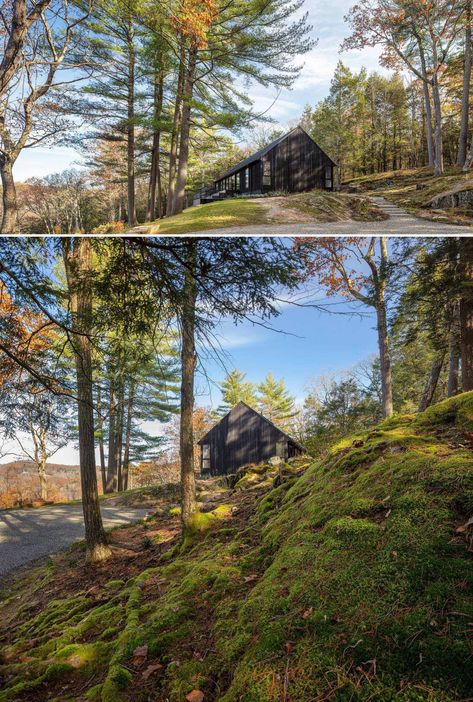 This Modern House In Connecticut Is Completely Surrounded By Trees Shou Sugi Ban Exterior, Burnt Wood Siding, House Surrounded By Trees, Modern Black House, Garden Cabins, Hidden Lighting, A Modern House, Burnt Wood, The Ledge