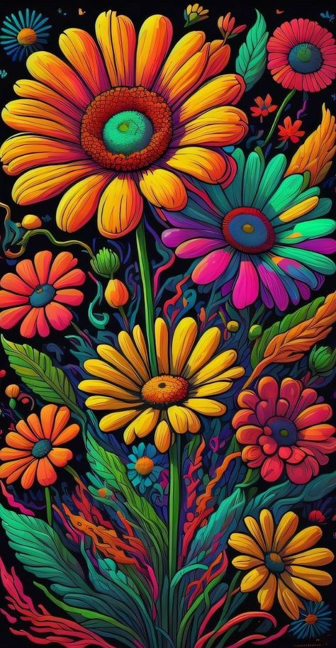 Mexican Art Wallpaper, Mexican Mural Art, Psychadelic Backgrounds, Trippy Flowers, Abstract Phone Wallpaper, Mexican Folk Art Painting, Beautiful Summer Wallpaper, Whimsical Art Paintings, Mexican Flowers