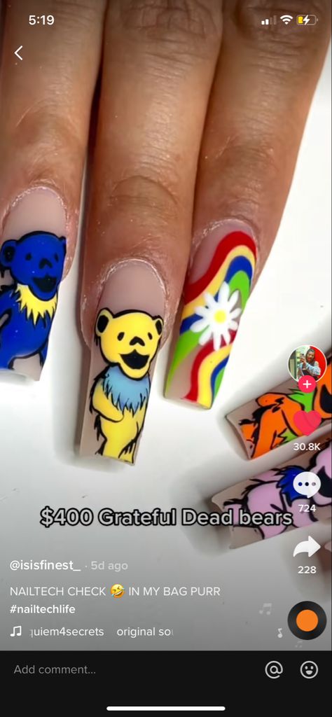 Grateful Dead Nail Art, Grateful Dead Nails, Dead Nails, Male Nails, Grateful Dead Bears, Crazy Nail Art, Bears Nails, Bear Halloween, Tie Dye Nails