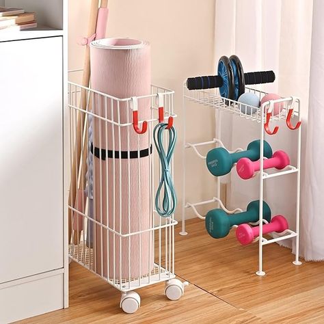 Amazon.com : PLKOW Home Gym Storage Yoga Mat Holder Dumbbell Rack for Small Dumbbells Kettl-bells Foam Roller and Resistance Bands, Workout Equipment Storage Organizer with Wheels and Hooks, 2-Pack, White : Sports & Outdoors Workout Equipment Storage, Gym Equipment Storage, Yoga Storage, Resistance Bands Workout, Gym Rack, Home Gym Organization, Sports Equipment Storage, Gym Organizer, Home Gym Storage