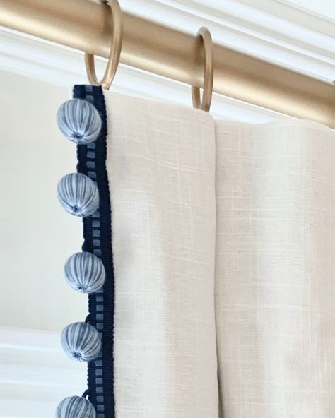 Ready to take your drapery game to the next level? 🙌🏼🪡 Consider detailed trim! Whether it's tassels, fringe, or intricate stitching, these little details pack a big punch.   Which detail is your favorite here? Let me know in the comments! Tassel Trim Curtains, Drapery With Trim, Drapes With Trim, Mixing Patterns Living Room, Curtains Porch, Curtain Trimmings, Box Window Seat, Curtains With Trim, Hampton Decor