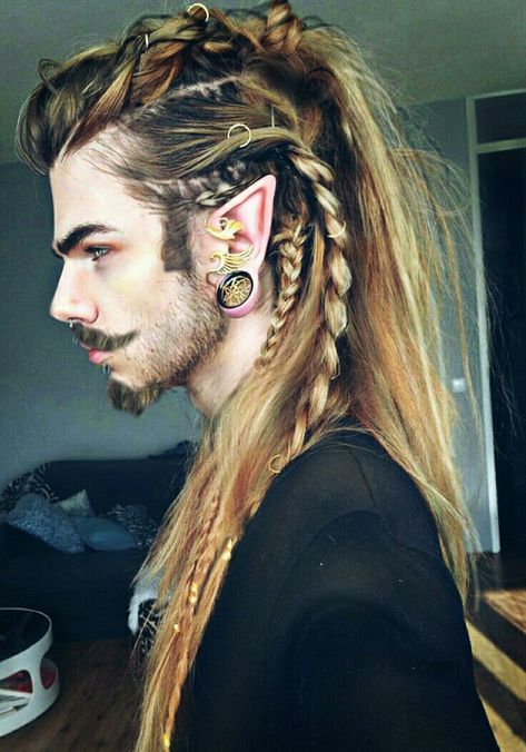 Elf Hair Men, Mens Fantasy Hair, Male Elf Hairstyles, Long Viking Hair Men, Viking Hair Male, Medieval Hairstyles Men, Male Viking Braids, Curly Long Hair Men, Braided Hairstyles Viking