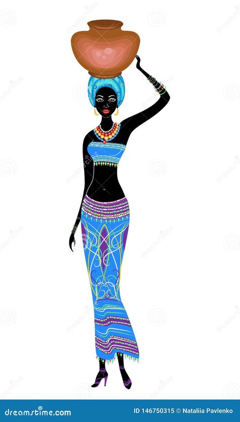 Slender beautiful African-American lady. The girl carries a pot on her pot. Vector illustration. African Vibes, American Lady, African Women Art, African Queen, African Design Dresses, African Design, Editorial Illustration, Woman Painting, African Women