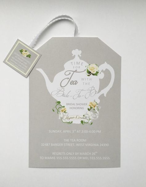 Custom, made to order, tea pot bridal shower invitations! A tea party bridal shower is the new trend for bridal showers and these invitations are perfect for the occasion! I have SO many varieties of tea bags in my shop, printable and custom made. Check them and see what you like best! Thanks! The tea tag includes the registry information! Such a cute idea! This is for a printable version only. Check out my shop to see custom made invites. ::::::::::WHATS INCLUDED:::::::::::: Main Invitation ... Bridal Shower Tea Party Theme, Cute Bridal Shower Gifts, Tea Party Bridal Shower Invitations, Bridal Shower Tea Party, Bridal Shower Gifts For Bride, Disney Bridal Showers, Simple Bridal Shower, Garden Bridal Showers, Vintage Bridal Shower