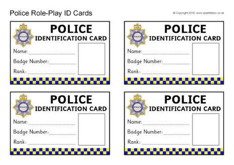 Police Role-Play Identity Cards (SB12431) - SparkleBox Blank Id Cards, Pretend Play Printables, Police Toys, Police Activities, Fingerprint Cards, Dramatic Play Printables, Kids Police, Role Play Areas, Badge Template