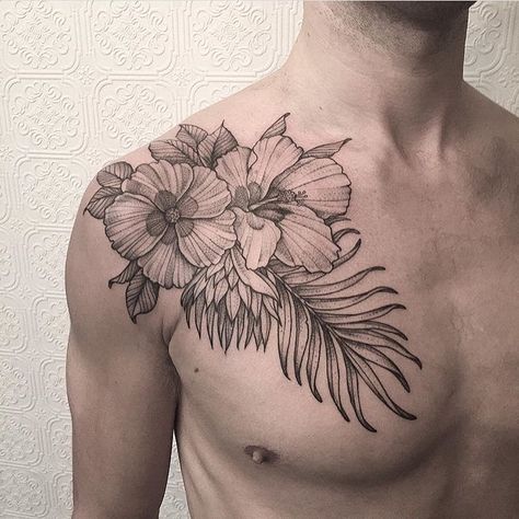 Flower Back Tattoos, Back Tattoos Men, Yellow Flower Tattoos, Ryan Tattoo, Nyc Nature, Men Flower Tattoo, Cool Shoulder Tattoos, Iris Tattoo, Greenpoint Brooklyn