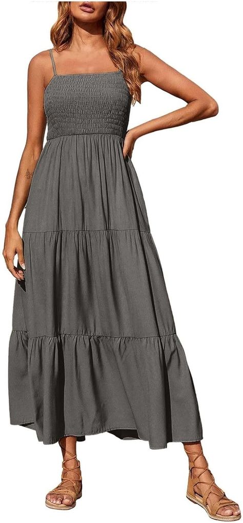 Amazon.com: Dresses for Women 2024 Casual Bohemian Spaghetti Strap Smocked Tiered Long Beach Dresses Sleeveless Maxi Dress : Clothing, Shoes & Jewelry Maxi Dress Boho Chic, Thrift Inspo, Summer Sundress, Long Beach Dress, Beach Maxi Dress, Tiered Maxi Dress, Boho Maxi Dress, Boho Casual, Maxi Wrap Dress