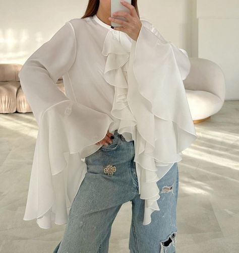 Fashion Woman Blouse 2024 Spring Ruffle Design Round Neck Flared Sleeves Solid Color Casual Long Concert Vibes, Minimalist Blouse, Fits Clothes, Ruffles Fashion, Elegant Blouses, White Chiffon, Ruffle Shirt, Chiffon Ruffle, Collars For Women