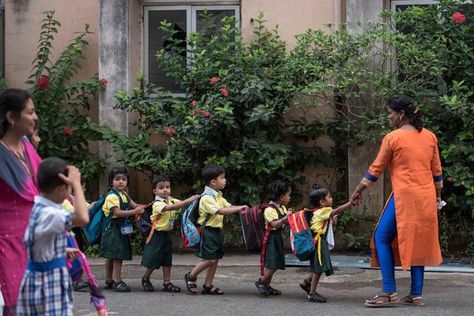 Children enjoy the first day of school at Mahila Sangh School, Vile Parle in Mumbai, India. First Day To School, Ell Activities, India For Kids, First Day Of Class, First Day Of School Activities, India School, Going To School, School Looks, Community Engagement