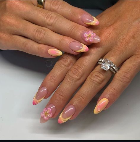 Pink N Yellow Nails, Baby Yellow Nails, Yellow Pink Nails, Yellow And Pink Nails, Pink And Yellow Nails, Yellow Summer Nails, Beachy Nails, Cute Simple Nails, Girly Acrylic Nails