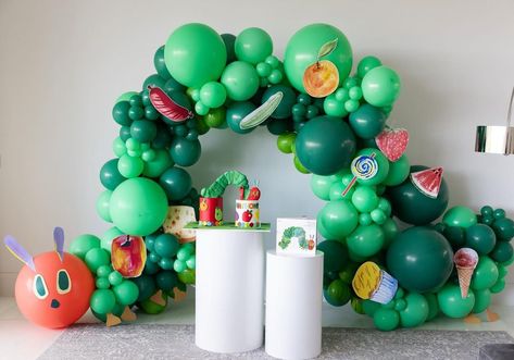 Hungry One Birthday, Hungry Caterpillar Centerpiece Ideas, Hungry Caterpillar Balloons, Hungry Caterpillar Balloon Garland, Hungry Hungry Caterpillar Birthday, One Very Hungry Caterpillar Birthday, Hungry Caterpillar Baby Shower Theme, Hungry Caterpillar Balloon Arch, Hungry Caterpillar Party Decorations