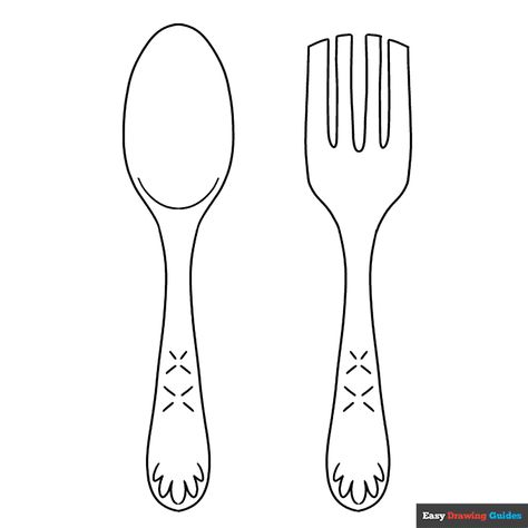 Free printable spoon and fork coloring page Fork And Spoon Drawing, Fork Drawing, Instruments Drawing, Spoon Drawing, Candy Coloring Pages, Colored Popcorn, Musical Instruments Drawing, Egg Coloring Page, Ice Cream Coloring Pages