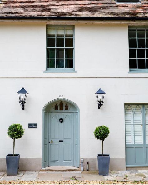 Pigeon Front Door, Beach House Colors Exterior, Farrow Ball Pigeon, Farrow And Ball Pigeon, Blue Home Exterior, Beach House Colors, Painted Staircases, Dorset England, Color Plan