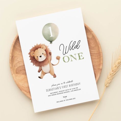 Wild One Lion 1st Birthday Invitation Wild One First Birthday Invitation, Lion Themed Birthday Party, Lion Birthday Theme, Baby Boy First Birthday Party, Lion 1st Birthday, 1 Birthday Invitation, One Wild Year, First Birthday Theme Boy, Wild One Invitation