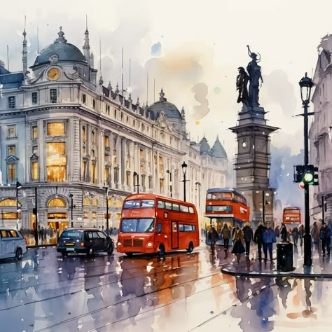 #PiccadillySquare #London #WatercolourPainting #VibrantCityscape #EnergeticPulse #SoftColourPalette #MovementCapture #CityEffervescence #IconicDigitalBillboards #LuminescentHues #PastelSky #VehicleFlow #PedestrianDepiction #BlendedStrokes #ColourSpatters #BustlingRhythm #PopularTouristHub #HistoricGrandeur #ModernVibrancy #VisualExperience #ImpressionisticPortrayal #ClassicWatercolourAppeal #DynamicUrbanEnergy #ArtisticInterpretation #TangibleCityEssence London Watercolor Paintings, Watercolour Architecture, French Art Prints, Watercolor Cityscape, London Painting, London Wallpaper, London Icons, London Buildings, Watercolor City