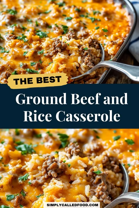 Enjoy the Ground Beef and Rice Casserole recipe, a cheesy, easy-to-make dish perfect for a quick dinner. This simple recipe is a satisfying blend of beef and rice, ideal for a fast, healthy meal. For the full Ground Beef and Rice Casserole recipe and other ground beef recipes for dinner, visit SimplyCalledFood.com. Beef Over Rice Recipes, Hamburger Brown Rice Recipes, Fast Ground Beef Dinner, Dinner Ideas With Ground Beef And Rice, Beef Rice Casserole Recipes, Rice Roni Recipes Ground Beef, Beef Rice A Roni Recipes, Ground Beef Recipes With Rice, Ground Beef Rice Recipes