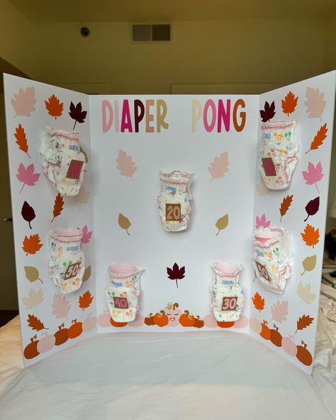 Diaper Pong for my fall-themed baby shower! 🩷🍼🧷🍁 . #handmadexhan #diaperpong #babyshowerdecor #fallthemebabyshower #babygirlbabyshower @cricut @michaelsstores Diaper Pong, Pumpkin Baby, Baby Shower Pumpkin, Baby Shower Fall, Baby In Pumpkin, Fall Baby, Shower Decor, Autumn Theme, Baby Shower Themes