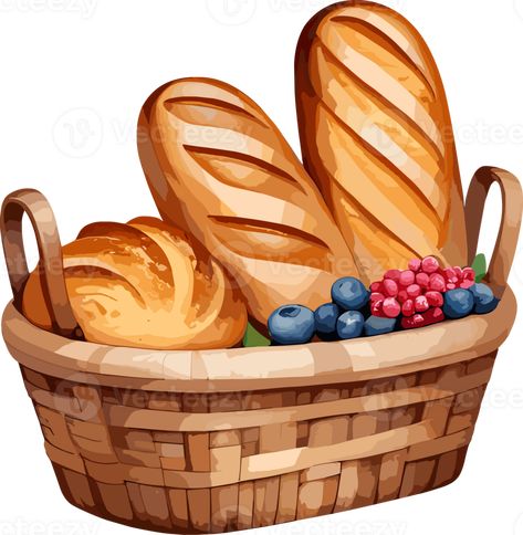 AI generated Watercolor delicious fresh bread and berries in woven basket cartoon, isolated illustration, graphic design element, picnic food, bakery, breakfast essentials, recipe, bread clipart, logo Bread Graphic Design, Bakery Cartoon, Watercolor Bread, Bread Clipart, Picnic Illustration, Dnd Food, Basket Illustration, Basket Cartoon, Ipad Themes