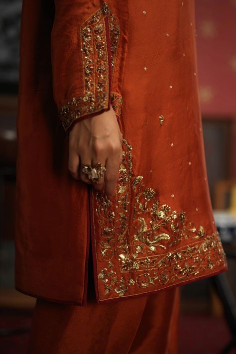 Unique Dress Styles, Pakistani Kurta, Rust Colour, Embroidery Suits Punjabi, Shadi Dresses, Punjabi Outfits, Hand Embroidery Dress, Bridal Dresses Pakistan, Pakistani Fancy Dresses