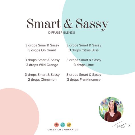 Smart And Sassy Diffuser Blends, Smart And Sassy, Doterra Blends, Essential Oil Diffuser Blends Recipes, Essential Oils Cleaning, Essential Oil Diffuser Recipes, Oil Diffuser Recipes, Diffuser Blend, Positive Mood