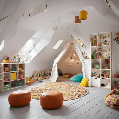 Cozy corner for reading and relaxing in this playroom! This playroom has it all: space for imaginative play, comfy spots for reading, and plenty of storage. What are your playroom must-haves? Let me know in the comments! #playroom #relaxingvibes #kidsdesign Playroom Attic Ideas, Low Ceiling Playroom Ideas, Kids Play Corner In Living Room, Corner For Reading, Upstairs Playroom, Kids Play Corner, Boys Room Colors, Modern Playroom, Baby Aesthetic