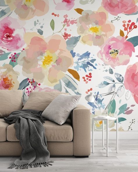 Pink Floral Wallpaper, Floral Pattern Wallpaper, Wallpaper Watercolor, Peel And Stick Wall Mural, Watercolor Floral Pattern, Watercolor Wall, Luxury Wallpaper, Watercolor Walls, Wallpaper Decor