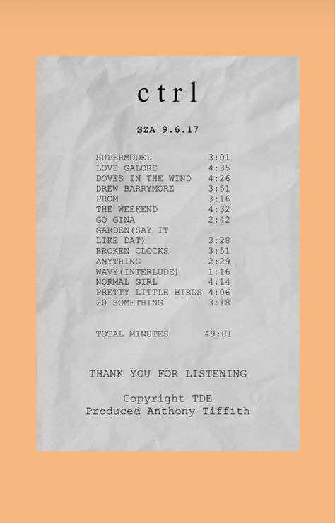 Sza Ctrl Receipt, Ctrl Receipt, Sza Album Receipt, Music Reciepts, Album Receipts Aesthetic, Computer Homescreen, Music Receipts, Music Receipt, Album Receipts