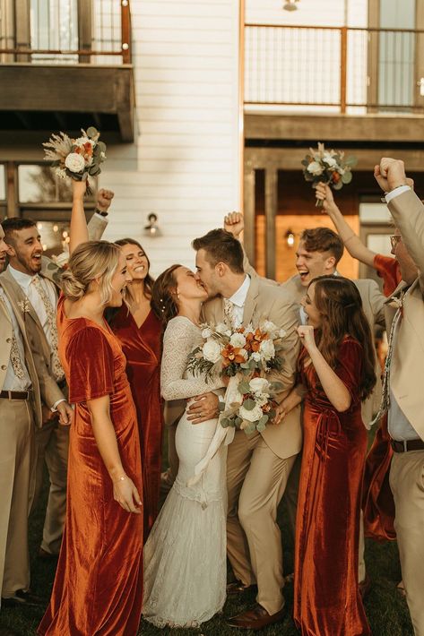 Burnt Orange Wedding Attire, Burnt Orange And Cream Bridesmaid Dresses, Orange Bridesmaid Dresses With Groomsmen, Burnt Orange Winter Wedding, Burnt Orange Terracotta Wedding, Fall Wedding Suits For Men Burnt Orange, Tan And Orange Wedding, Burnt Orange And Tan Wedding, Burnt Orange Weddings Groomsmen