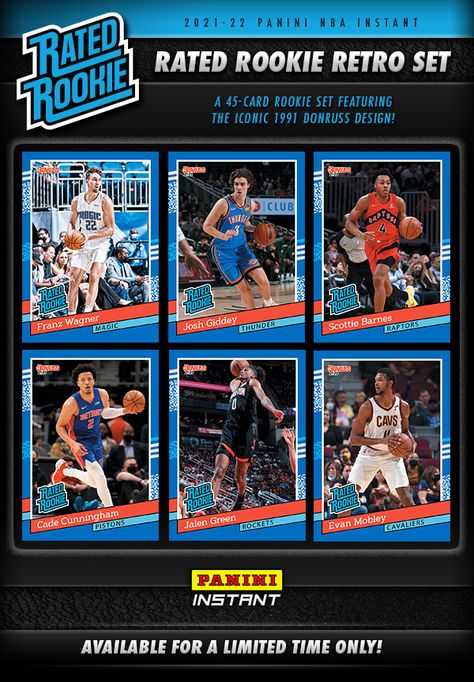 2021-22 Panini Instant Rated Rookie Retro Basketball highlights top NBA rookies with a throwback design. Retro Trading Cards, Trading Card Design, Personal Cards Design, Poster Bola, Basketball Highlights, Sports Trading Cards, Sports Highlights, Retro Basketball, Player Card