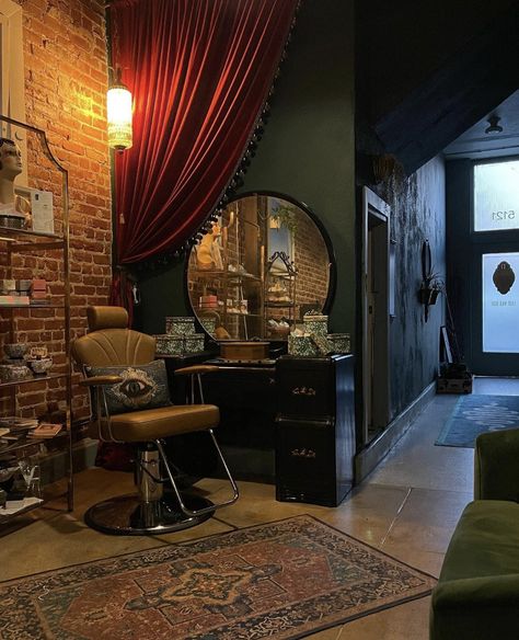 Dark Green Salon Ideas, Dark Boho Salon Suite, Hair Stylist Salon Decor, Salon Inspo Rustic, Vintage Salon Living Room, Dark Hair Salon Interior, Dark And Moody Hair Salon, Goth Hair Salon Decor, Moody Beauty Room