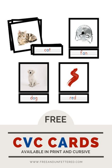 Download a free set of Montessori-inspired phonetic CVC cards for your emergent reader at www.freeandunfettered.com. They're available in both print and cursive and feature realistic images. #montessorihomeschooling #montessoriathome Cvc Words With Pictures, Montessori Printables Free, Kids Learning Games, Montessori Printables, Montessori Elementary, Diy Montessori, Montessori Lessons, Montessori Homeschool, Montessori Toddler Activities