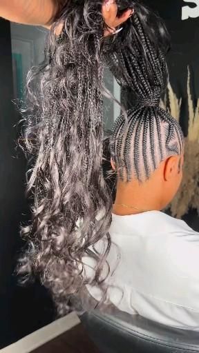 Cornrow Braid Updo Styles, Braid In A Ponytail, Bohemian Feed In Braids Ponytail, Cornrows To Ponytail, Corn Row Braided Ponytail Hairstyles, Braided Boho Ponytail For Black Women, Feed In Braided Ponytail Hairstyles Black Women, Stitch Braided Ponytail Hairstyles, High Ponytail Cornrows With Curls