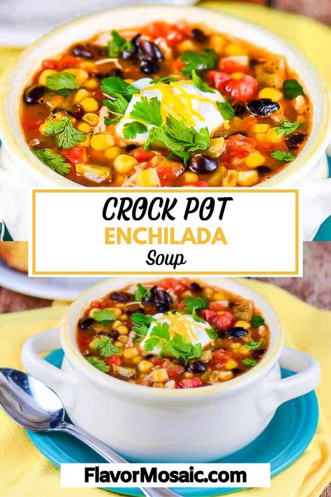 This Crock Pot enchilada soup is an easy, one pot dinner recipe that you can make on busy weeknights or for entertaining. Slow cooker chicken enchilada soup is an easy, healthy, deliciously flavorful soup with a kick. This easy, healthy dinner recipe will be a new family favorite! Click through to the blog for all the details! Enchilada Stew, Slow Cooker Chicken Enchilada Soup, Chicken Enchilada Soup Crock Pot, Amazing Slow Cooker Recipes, Healthy Mexican Recipes, Healthy Dinner Recipe, Best Crockpot Recipes, Comforting Soup, Chicken Enchilada Soup