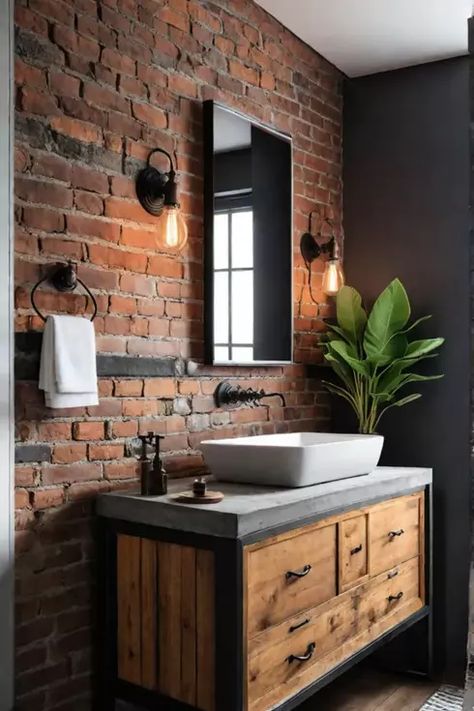 Exposed Brick Bathroom, Industrial Bathroom Ideas, Industrial Bathroom Design, Brick Bathroom, Industrial Style Living Room, Industrial Style Bedroom, Industrial Bathroom, Exposed Brick Walls, Brick Walls