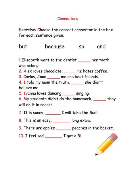 Connectors online pdf activity Connectors English, Esl Materials, Conjunctions Worksheet, Spelling Homework, Mental Maths Worksheets, Linking Words, Cbt Worksheets, Common Nouns, Language Worksheets