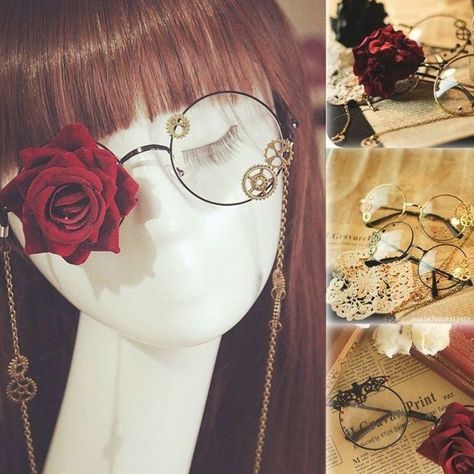 Wedding Dresses Chinese, Gothic Hair Accessories, Gothic Hairstyles, Steampunk Cosplay, Clothing Design Sketches, Ootd Inspo, Round Glasses, Cosplay Props, Glasses Chain