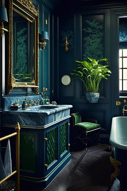 Dark Academia Bathroom Dark Academia Bathroom, Dark Green Bathrooms, Green Bathroom Decor, Teal Bathroom, Dark Green Walls, Castles Interior, Gold Bathroom, Blue Bathroom, Green Bathroom