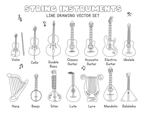 Outline Cartoon, Musical Instruments Drawing, Illustration Outline, Violin Cello, Cartoon Sketch, Drawing Vector, Double Bass, Bts Drawings, String Instruments