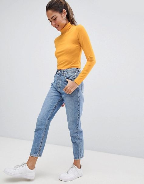 Turtleneck Outfit Winter, Yellow Blouse Outfit, Yellow Top Outfit, Yellow Shirt Outfit, Mustard Outfits, Turtleneck Outfits, Long Sleeve Shirt Outfits, Turtleneck Crop Top, Yellow Long Sleeve Shirt