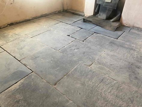 Black Slate Floor Before Renovation Ullswater Slate Floor, Slate Tile Floor Kitchen, Slate Tile Floor Bathroom, Slate Floor Kitchen, Black Slate Floor, Witches Cottage, Slate Tile Floor, Mudroom Flooring, Floor Renovation