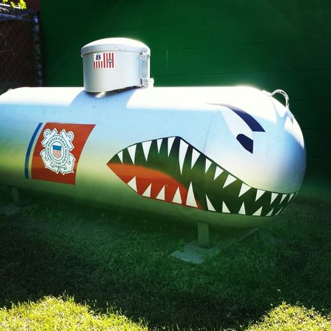 My propane tank was boring.   My shark tank rocks. Paint Propane Tank, Trailer Design Ideas, Propane Tank Ideas, Submarine Craft, Propane Tank Art, Trailer Design, Propane Tank Cover, Propane Tanks, Tank Art