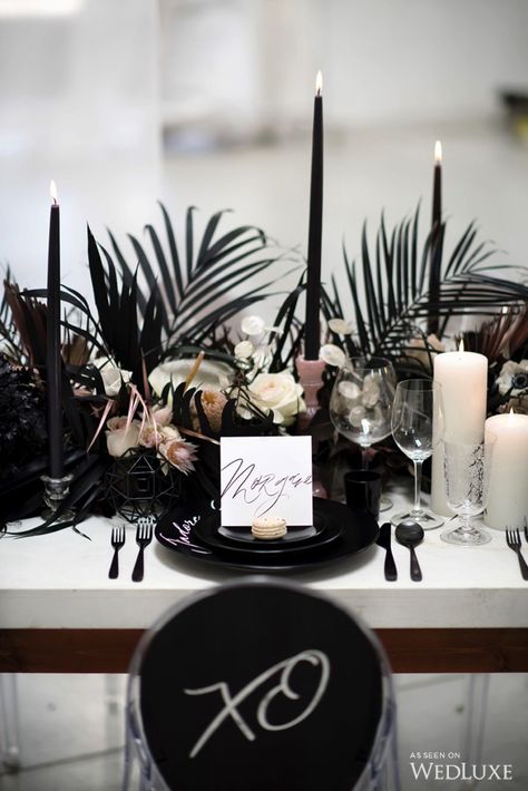 Paris Meets New York - WedLuxe Magazine Black Wedding Decor, Black Wedding Decorations, Monochrome Weddings, Wedding Decor Ideas, Dark Wedding, Moody Wedding, Black White Wedding, Wedding Table Decorations, Gothic Wedding