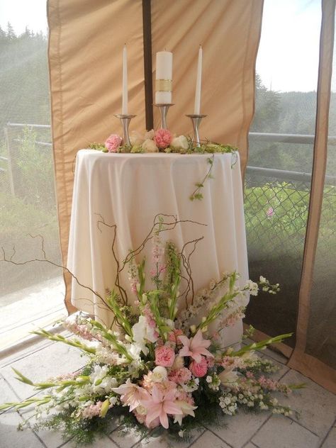 country vintage wedding ideas | Via Lora Losinger~ Sophisticated Floral Designs Pink Ceremony Flowers, Unity Candle Table, Unity Candle Ideas, Unity Table, Wedding Ceremony Decorations Church, Wisteria Wedding, Unity Candle Ceremony, Church Wedding Flowers, Candle Table Decorations